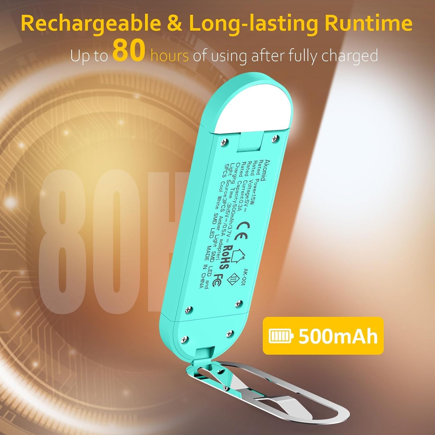 Akomid USB Rechargeable Book Light for Reading in Bed, 8 LEDs Bookmark Style Clip on, Eye-Cared Amber Light Mode for Kids, Blue Light Blocking, Stepless Dimming,Khaki