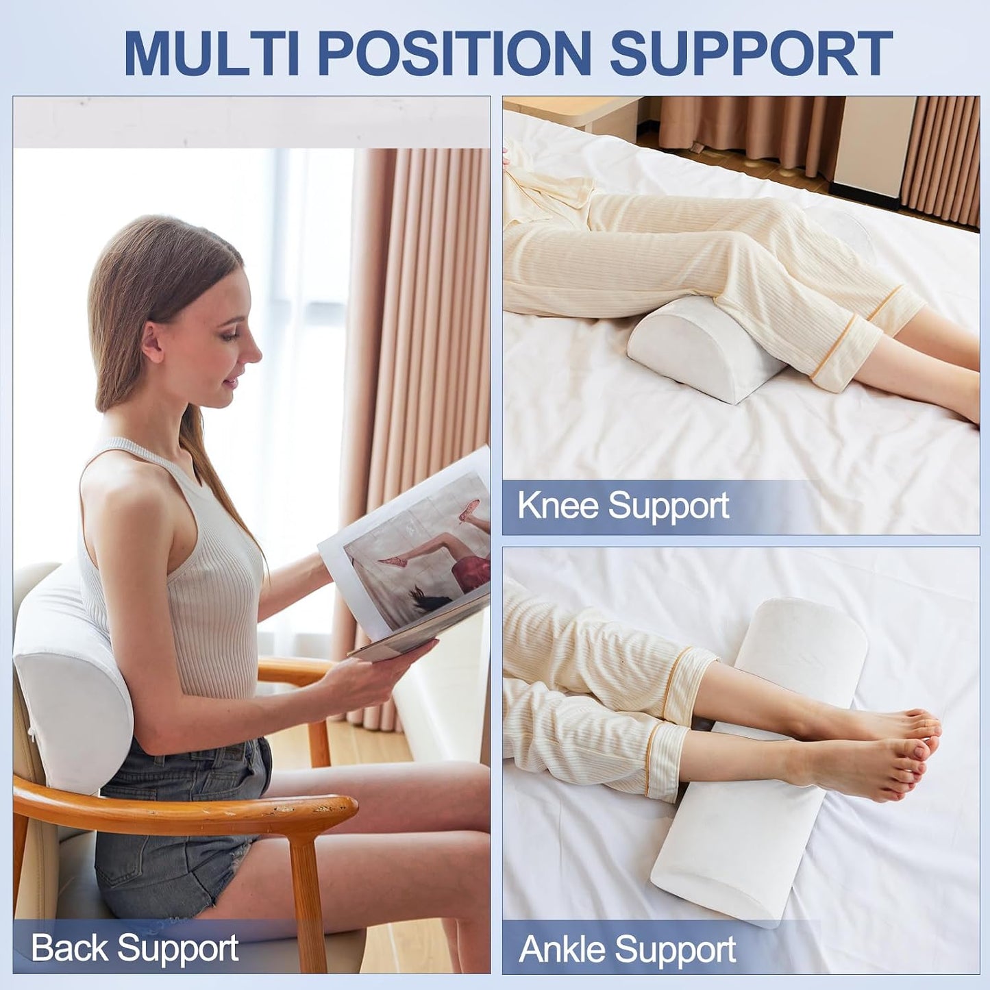 Knee Pillow for Back Sleeping, Memory Foam Bolster Pillow for Legs, Under Knee Pillow for Sleeping, Leg Pillow for Back & Hip Pain Relief, Half Moon Boslter, White