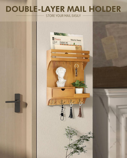Rebee Vision Key Holder Wall Mount with Drawer Organizer for Entryway,Brown | Pine Wood, 6 Key Hooks, Display Shelf for Plants, Mail Slot for Storage Letter, Multi-Funtional Design, Home Storage