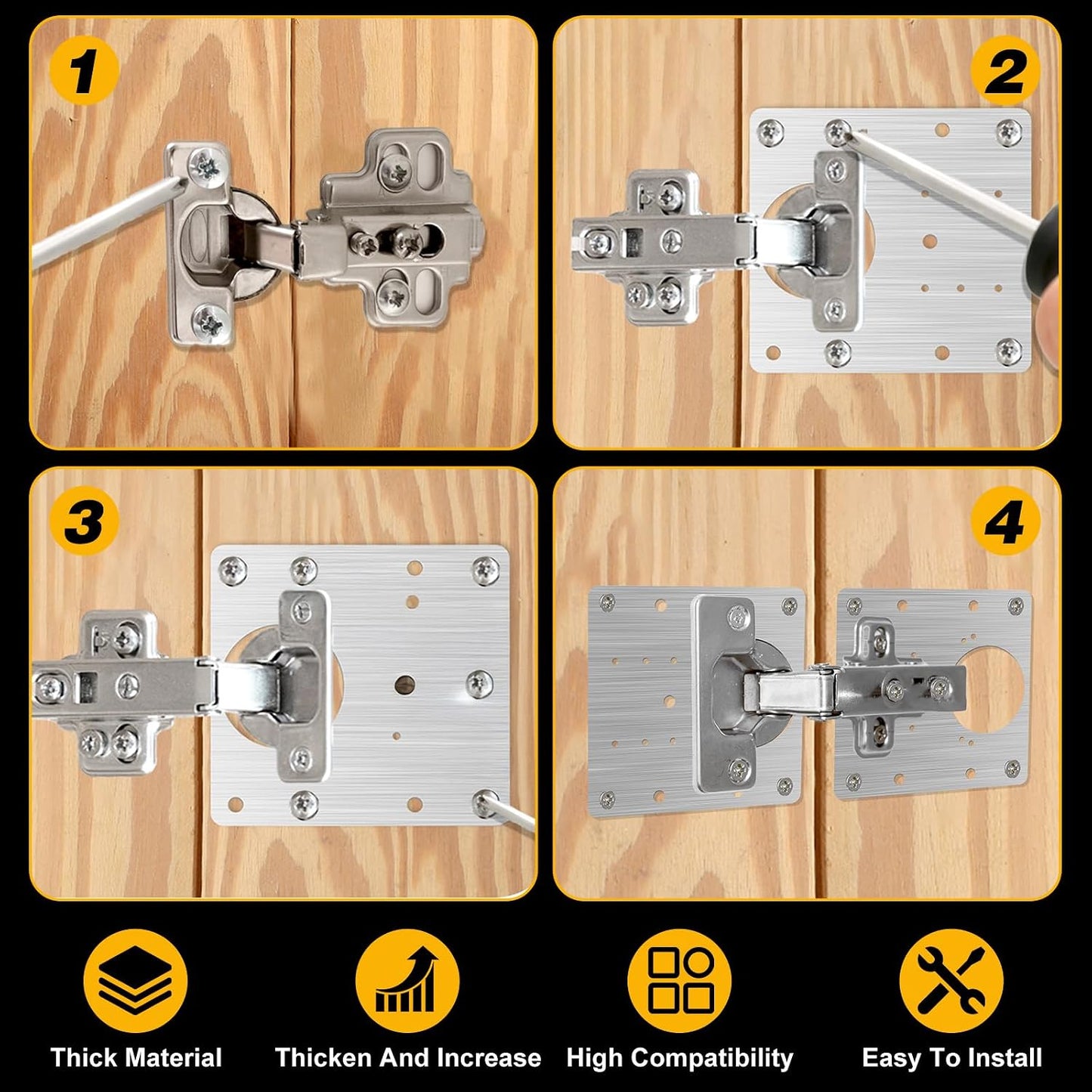 36PCS Cabinet Hinge Repair Plate Kit, Stainless Steel Hinge Repair Board & Brackets with Screws Door Mounting Plate for Kitchen Cabinet, Cupboard, Furniture Door Fix, (3.54"x3.54")