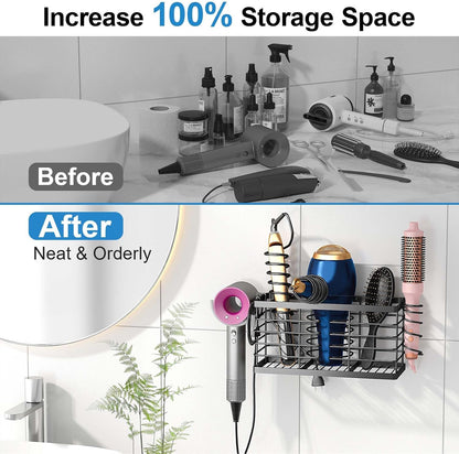 2026 Upgraded 3-in-1 Universal Hair Tool Organizer, XL Size, Black | Adjustable Height Metal Hair Dryer Holder, Wall Mounted, Over Cabinet Door, Countertop, Bathroom Storage