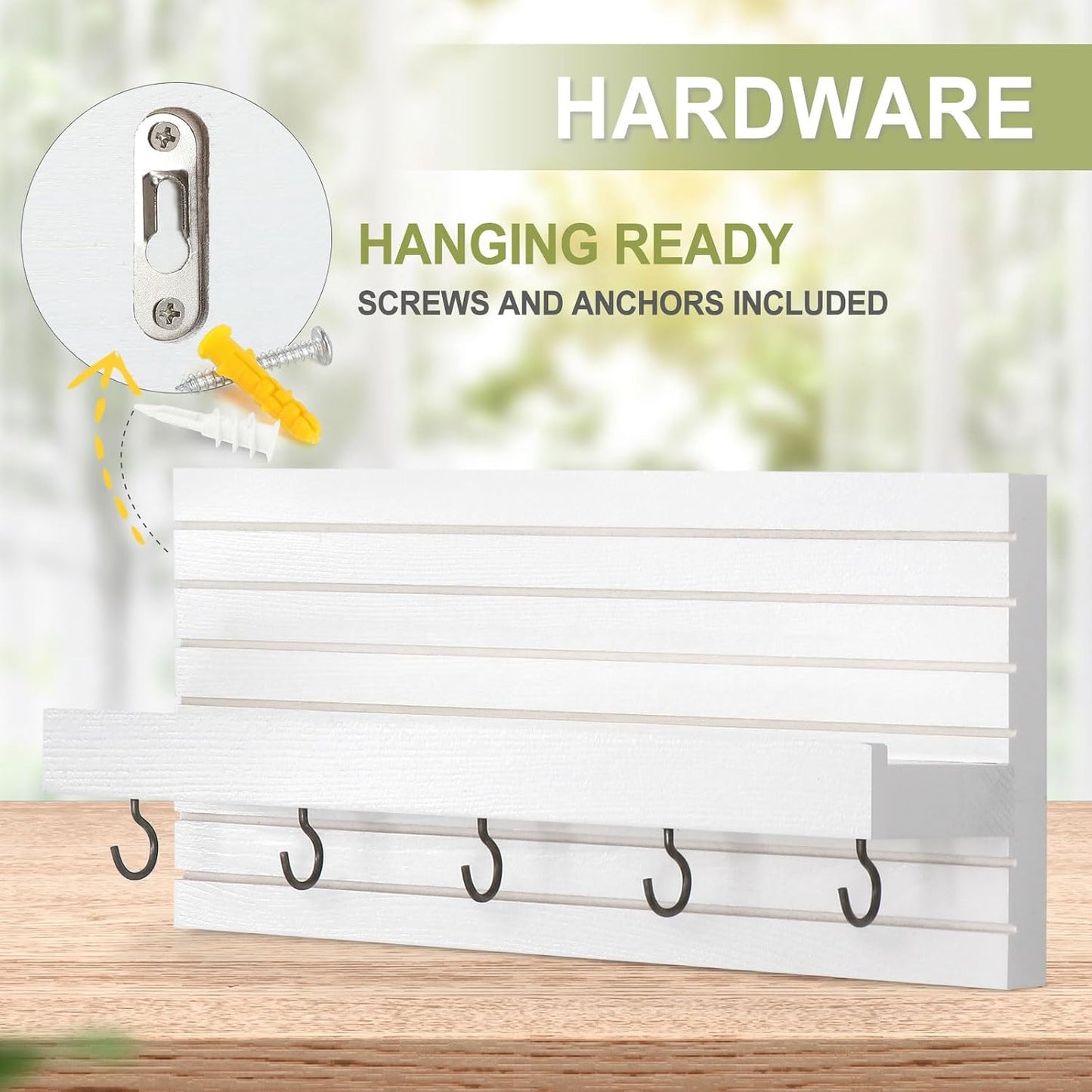 Lwenki Decorative Key Holder for Wall with Shelf, Entryway Shelf with Hooks Holds Leashes, Jackets and Glasses – Sturdy Wood Keyholder Entrance Hanger with Mounting Hardware (Black, Medium)