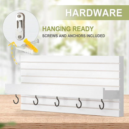 Lwenki Decorative Key Holder for Wall with Shelf, Entryway Shelf with Hooks Holds Leashes, Jackets and Glasses – Sturdy Wood Keyholder Entrance Hanger with Mounting Hardware (Black, Medium)