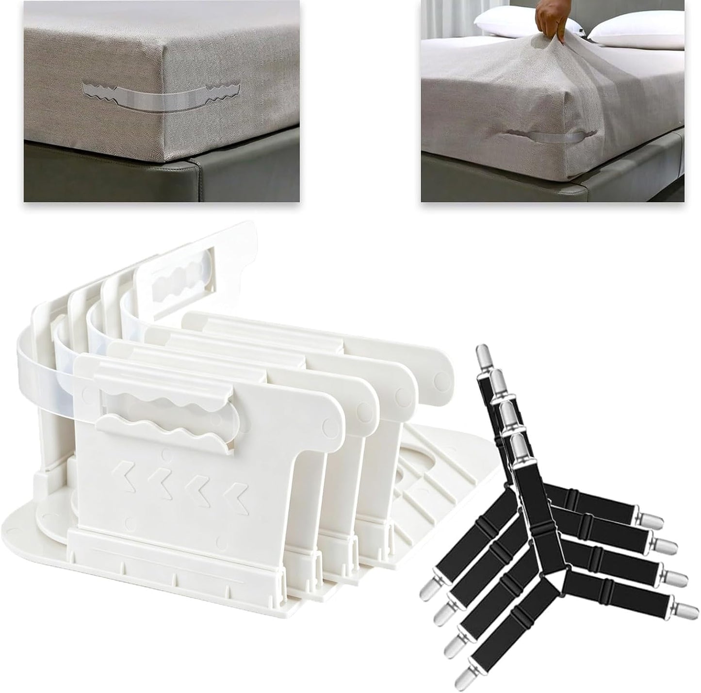 No-Lift Bed Sheet Holders for Thick Mattresses, 8PcsTriangle Sheet Straps Keep Sheets in Place All Night, Upgraded Mattress Clips with Fabric-Safe Grippers, Fitted Sheet Fasteners