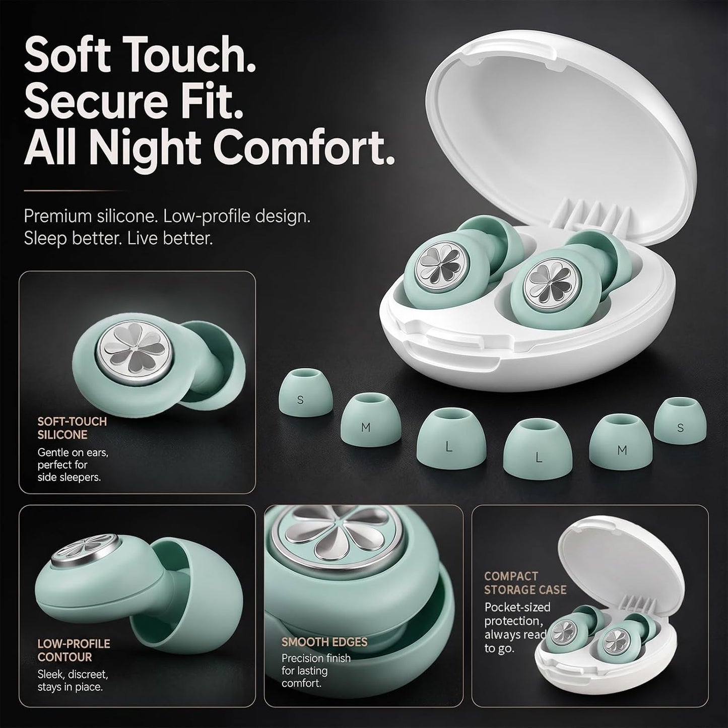 HEKKE 45dB Ear Plugs for Sleeping, Soft Silicone for Side Sleepers, 4 Sizes | Reusable soft silicone with XS/S/M/L sizes for side sleepers, concerts, flights and hotels; carrying case included.