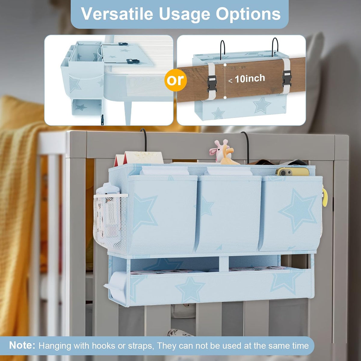 homyfort Bedside Caddy Organizer, Dual-Purpose Bedside Storage with Power Strip Holder, Versatile Bed Caddy with 11 Pockets for Bunk Bed, College Dorm, Home, Hospital, Fits Phones, Books, Blue