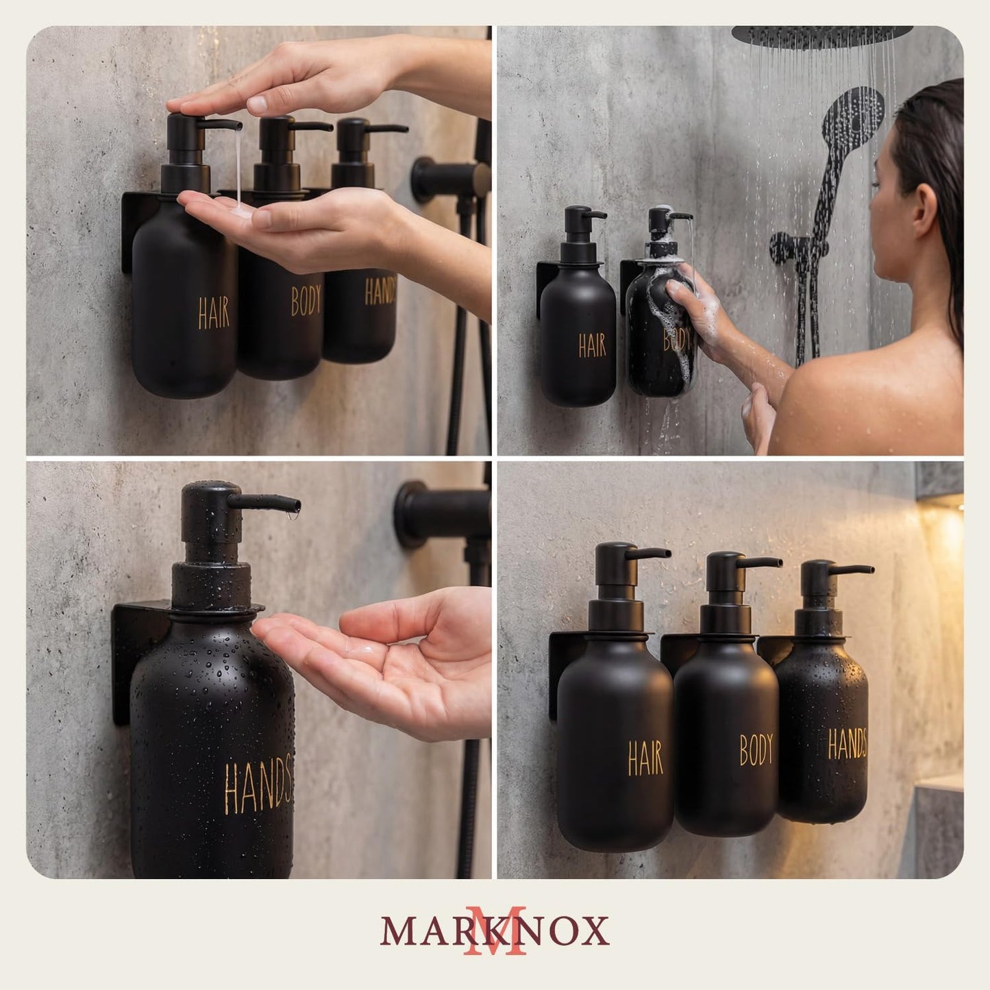 Black Soap Dispenser Set for Bathroom – 3-Packs Refillable Bottle Set, Soft Touch Pump Bottles Wall Mount Hooks Stickers Glue with Vanity Sink Placement Modern Design