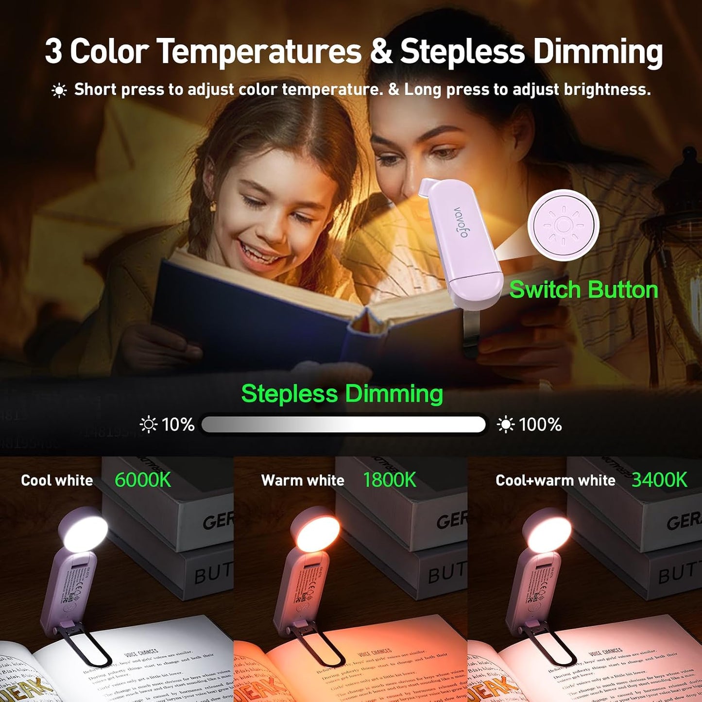 VAVOFO USB Rechargeable Bookmark Reading Light, Blue Light Blocking Amber LEDs for Bedtime Reading - Clip On, 9 Lighting Modes
