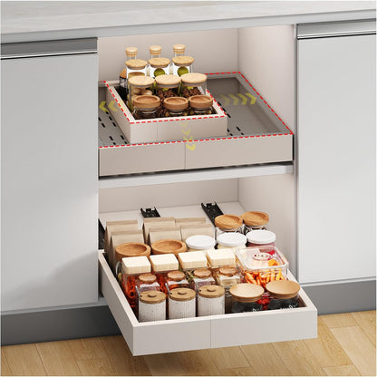 Fokyfok Pull Out Cabinet Organizer,23"-31"W,17"-24"D,Expandable,Adhesive | No Drill,5 Rails,Adjustable Slide out Drawers for Kitchen,Pantry,Roll out Shelves,Cabinets Without Lip,Framless,White,1PC
