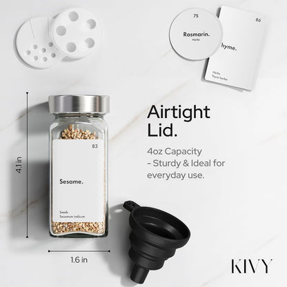 KIVY Drawer Spice Organizer + 24 Jars & 240 Labels - Seasoning Rack for Organization - Kitchen Drawer Insert for Spice Jars - Glass Seasoning Jars with Airtight Lids - Glass Spice Jars with Label