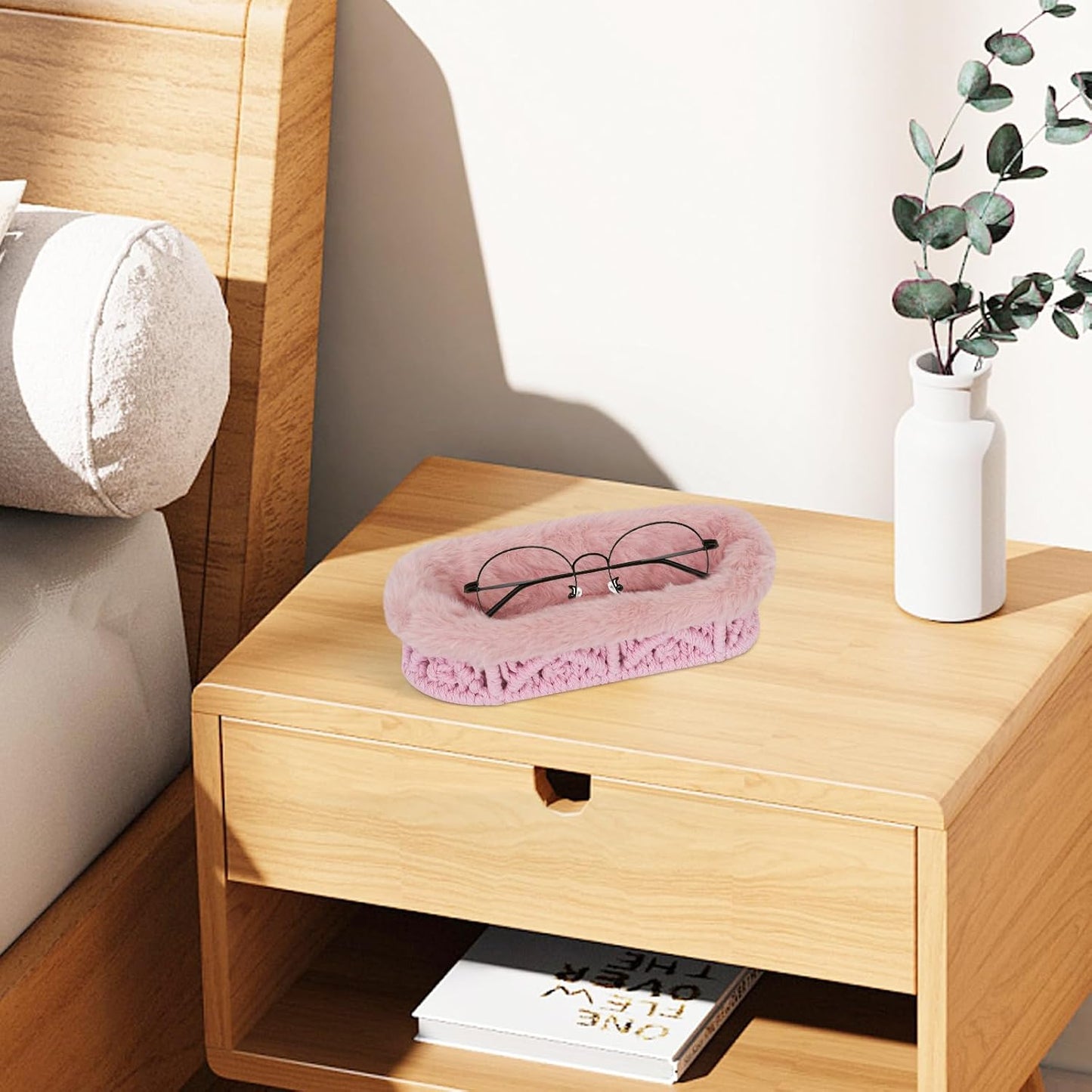Glasses Holder, Anti-scratch Plush Lined Eyeglass Holder Stand | Oval Eye-glasses Storage Organizer Case for Nightstand, Office Desk, Bedside Table, Beige