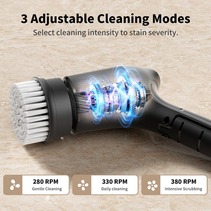 Electric Spin Scrubber, Cordless Household Cleaning Brush with 6 Replaceable Heads, 3 Speeds, LED Display, Lightweight Handheld Power Scrubber for Cleaning Stove/Bowl/Sink/Corner/Tile/Grout-Black