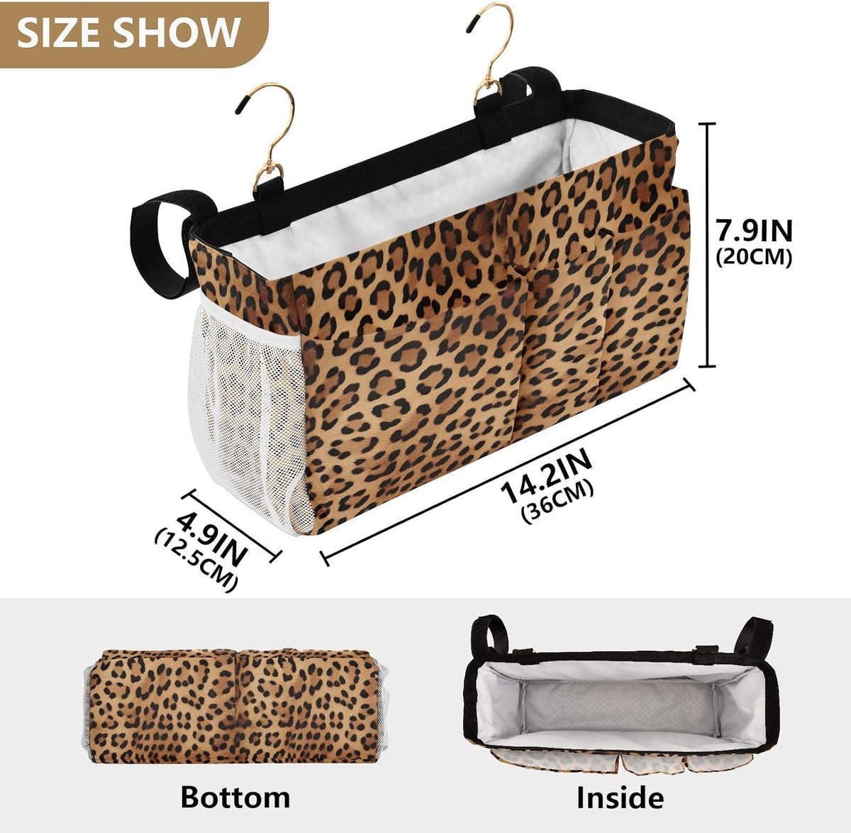 YETTASBIN Leopard Print Bedside Caddy Hanging Storage Organizer Bag with 2 Straps & Hooks for Bunk Beds, College Dorm, Hospital Bed - Holder for Books, Phone, Magazine, Glasses, Keys