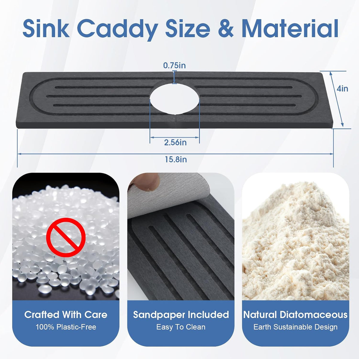 Fast Drying Stone Faucet Mat for Kitchen Sink with Raised Feet, Quick Drying Splash Guard, Faucet Splash Guard, Durable Protector for Kitchen, Bathroom Counter, Dark Gray, 15.8" x 4"