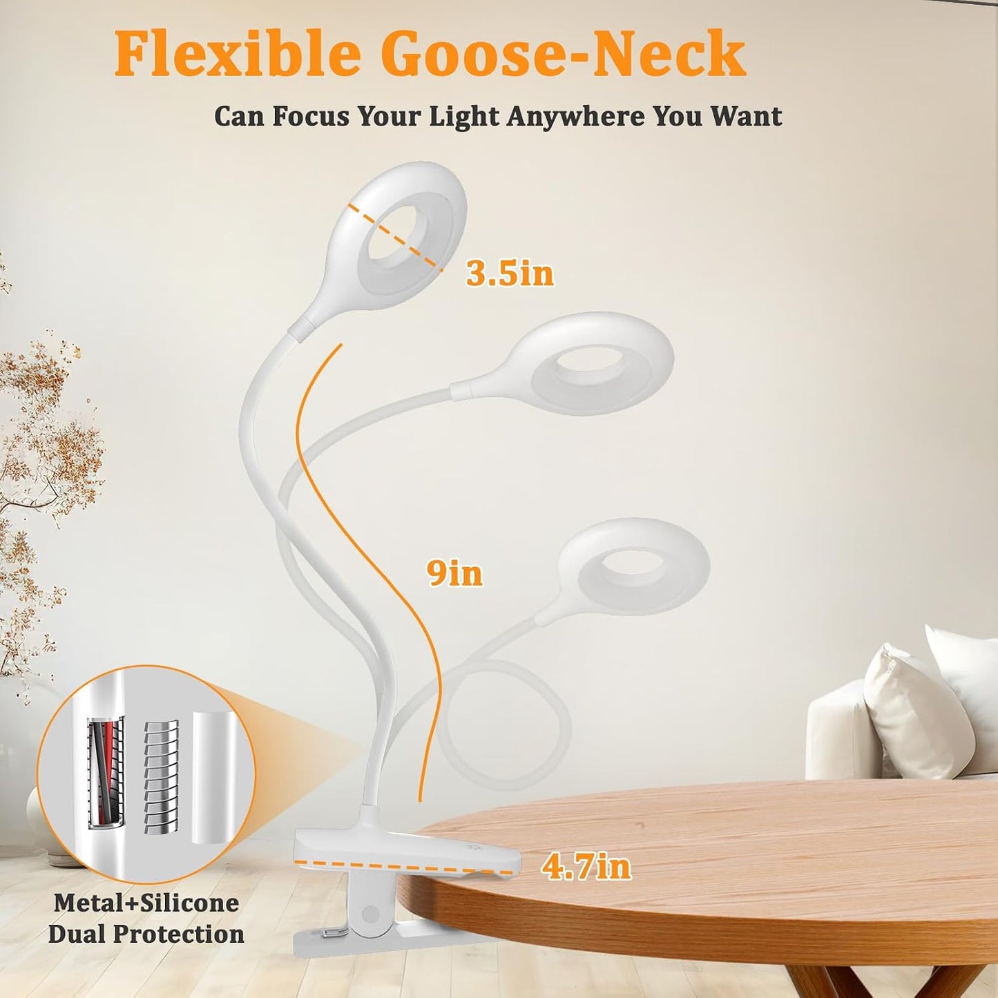 Rechargeable Clip Light, LED Bed Reading Lamp for Headboard & Desk | Strong Clamp, Portable, Cordless Battery Book Light w/ USB-C Cable, 25 Eye-Care Lighting Modes, Flexible Arm, Dorm Bunk Bed
