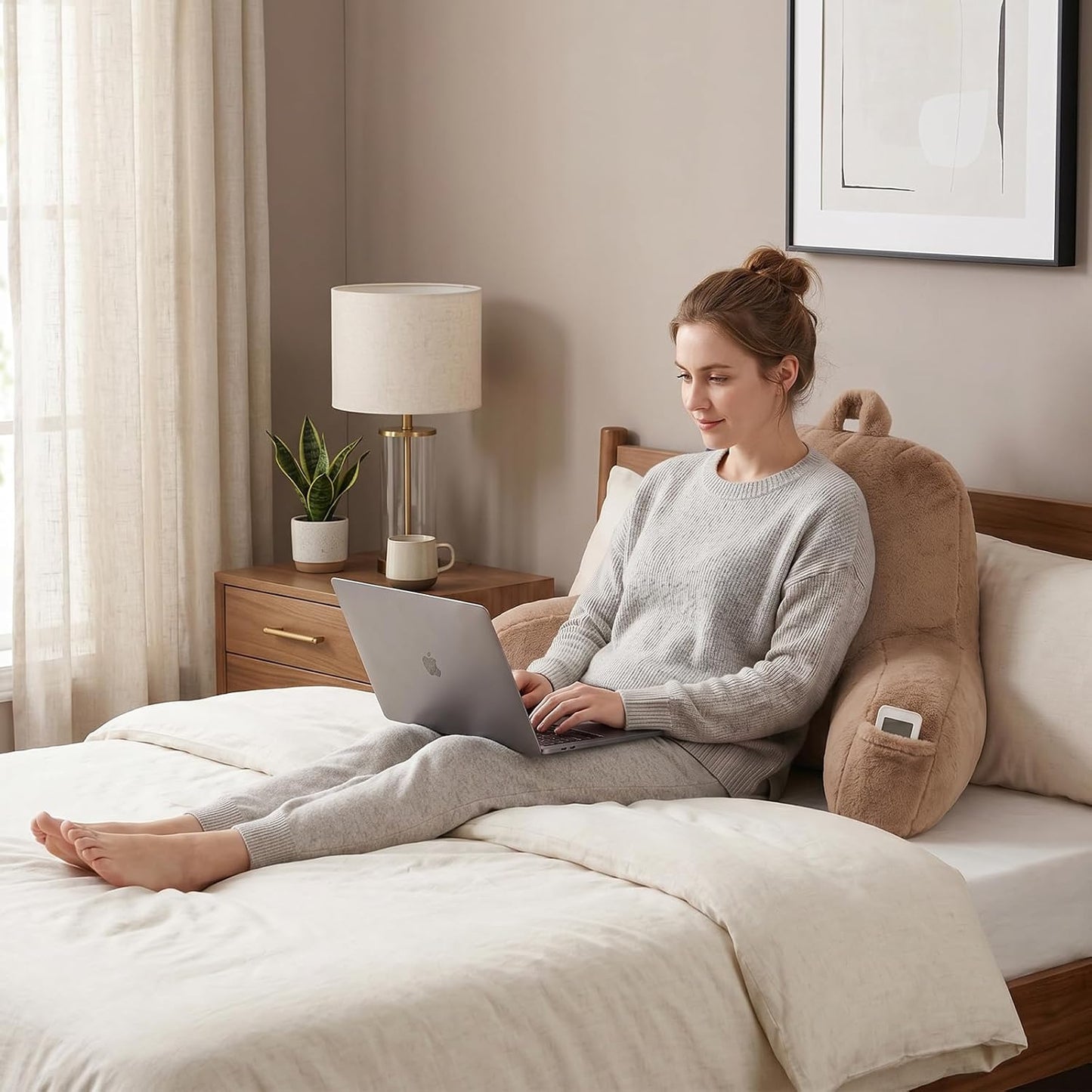 Reading Pillow with Arms for Sitting in Bed,Backrest,White Flannel,M | 17" Backrest Supports Back for College Students,Elbows & Forearms for Dorm Reading,Gaming,Watching TV