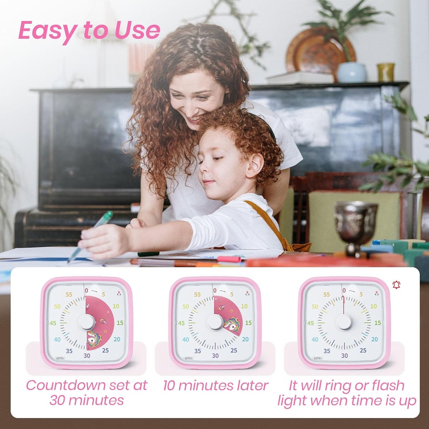 Yunbaoit Rainbow Visual Timer for Kids, 60-min Countdown Timer, Blue | Protective Case, No Ticking, Mute and Ringing Alarm Available, Time Management Tool, Low Power Reminder, for Study,Game,Work
