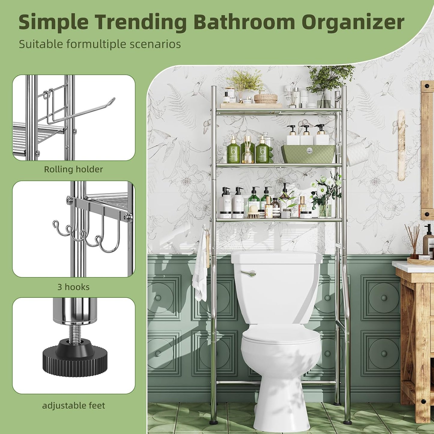Simple Trending Over The Toilet Storage Cabinet, Metal Bathroom Shelf Organizer with Paper Holder and Hooks, 3 Tier, Black