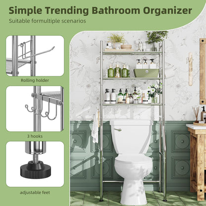 Simple Trending Over The Toilet Storage Cabinet, Metal Bathroom Shelf Organizer with Paper Holder and Hooks, 3 Tier, Black