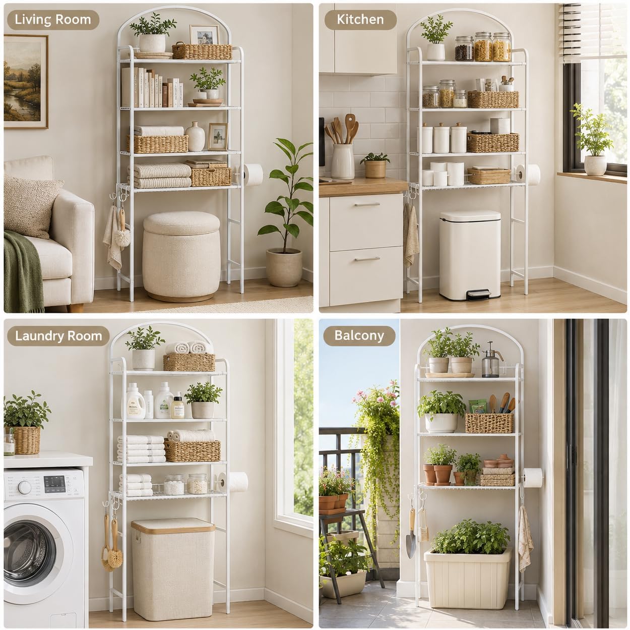 3 Tier Over The Toilet Storage Rack, Bathroom Organizer | Toilet Storage with 4 Hooks & Paper Holder, Space-Saving, Freestanding Bathroom Shelf, Metal, White