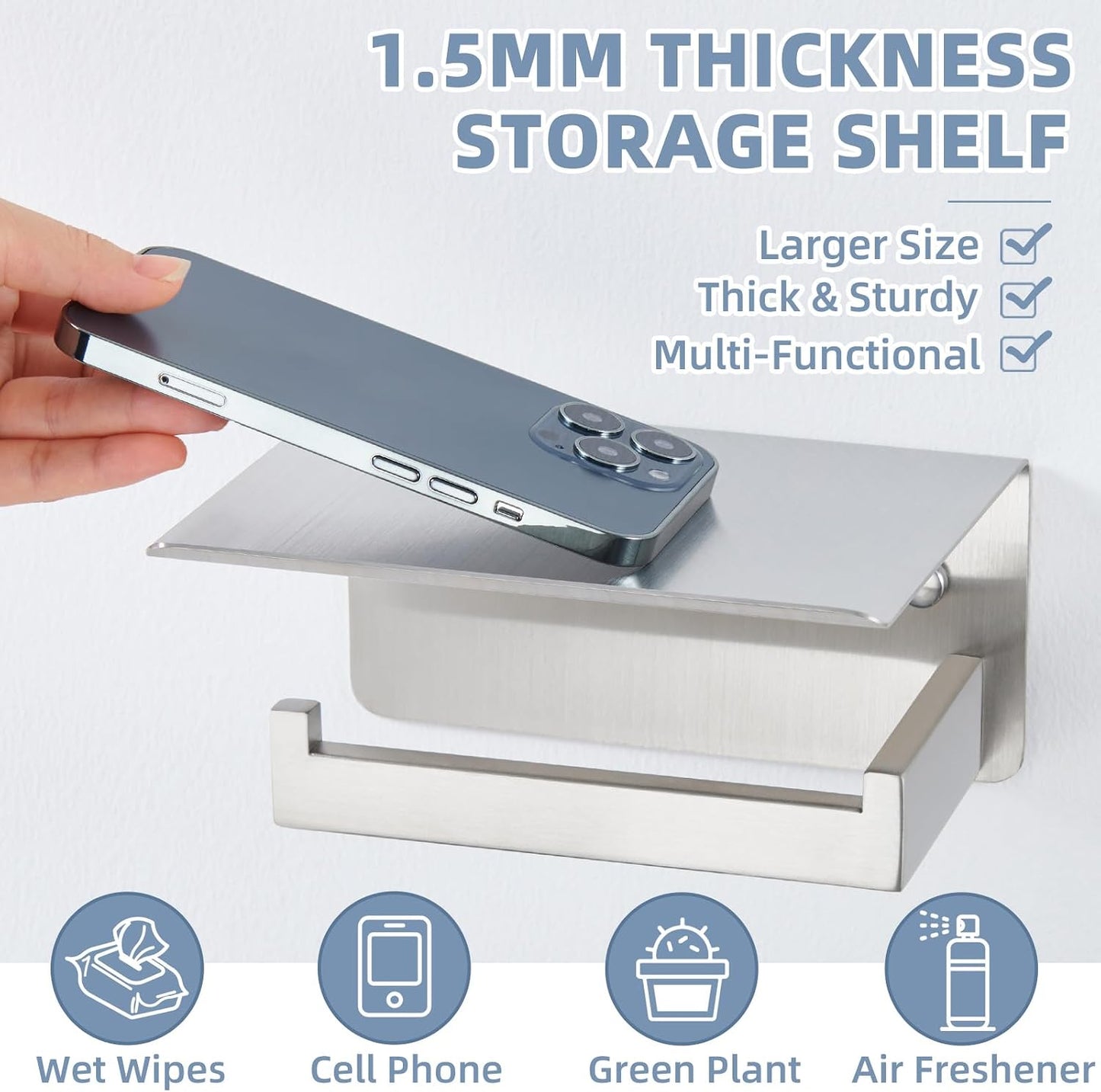 APLusee Toilet Paper Holder with Shelf for Wall, Left Side, Brushed Nickel | Robust 304 Stainless Steel, Drilling Wall Mounted, Fits for Bathroom, Restroom, Vanity, Kitchen, Paper Roll & Phone Storage