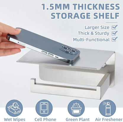 APLusee Toilet Paper Holder with Shelf for Wall, Left Side, Brushed Nickel | Robust 304 Stainless Steel, Drilling Wall Mounted, Fits for Bathroom, Restroom, Vanity, Kitchen, Paper Roll & Phone Storage