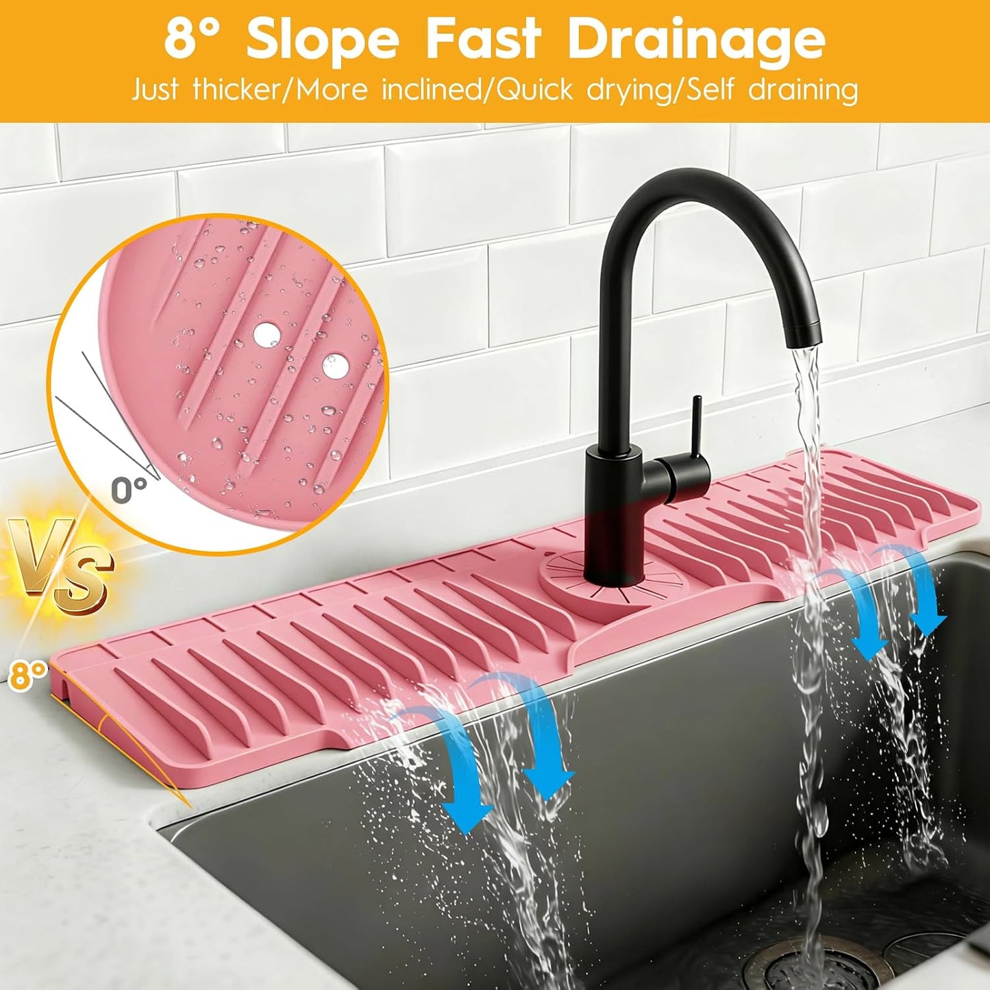 16" Silicone Faucet Mat for Kitchen Sink of The Lastest, Beige | 8° Slope Fast Self-draining, Kitchen Sink Water Splash Guard, Behind Faucet Draining Mat, for Bathroom Kitchen Sink Area