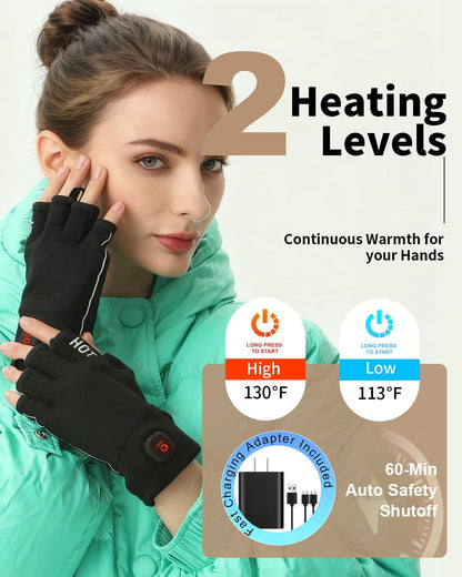 Heated Gloves Fingerless for Women Man with 3.7V 3000mAh Battery Cordless Work Touchscreen Gloves for Winter Cold Weather Rechargeable Electric