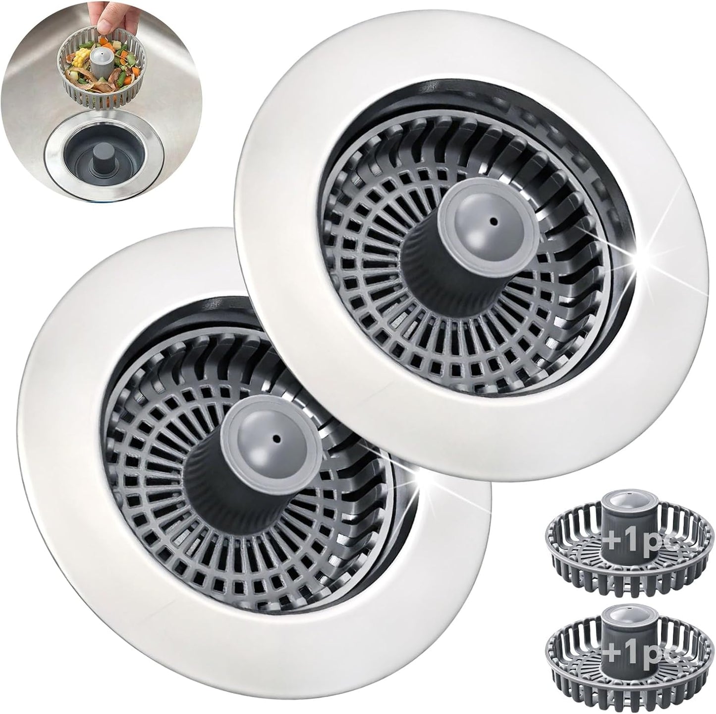 Solid Brass Body 3-in-1 Kitchen Sink Drain Strainer & Stopper, Heavy Duty Pop Up Plug Assembly with 2 Baskets, Anti-Clog Replacement for US Standard 3-1/2 Inch Drains, Rust-Proof Silver