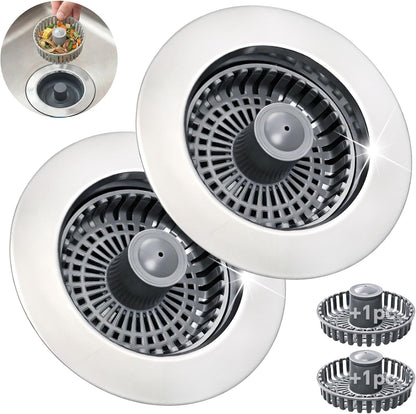 Solid Brass Body 3-in-1 Kitchen Sink Drain Strainer & Stopper, Heavy Duty Pop Up Plug Assembly with 2 Baskets, Anti-Clog Replacement for US Standard 3-1/2 Inch Drains, Rust-Proof Silver