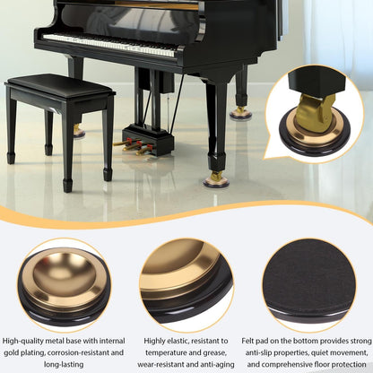 4PCS Metal Piano Caster Cups Rubber Non-Slip Floor Protectors | Heavy duty rubber felt bottom pads for upright & grand piano legs. Non-slip furniture coasters protect hardwood floors