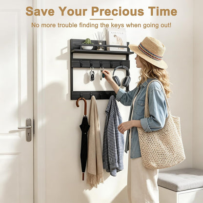 Two-Tier Wall Key Holder with Shelf,Wooden Key Holder Wall Mount | 4 in 1 Coat and Key Hanger with 10 Metal Hooks,Entryway Key Holder with Shelf,Mail Holder for Wall,Mail Organizer