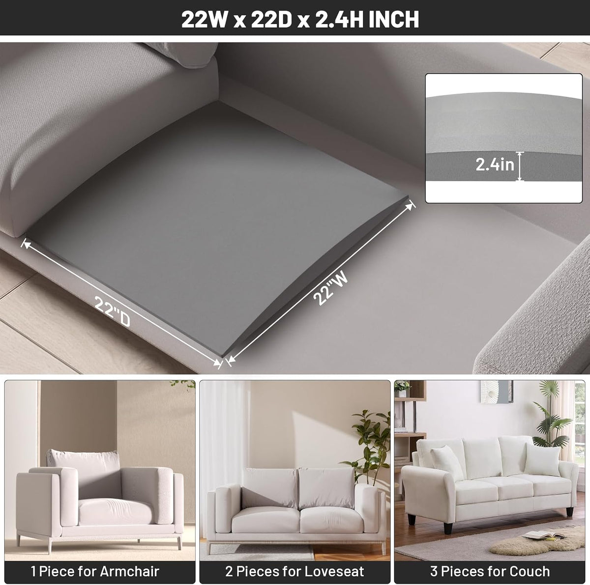 Couch Cushion Support for Sagging Seat, 20"x20"x2" 40D High Density Curved Foam Sofa Cushion Support, Under-Cushion Sag Repair,Grey Set of 3