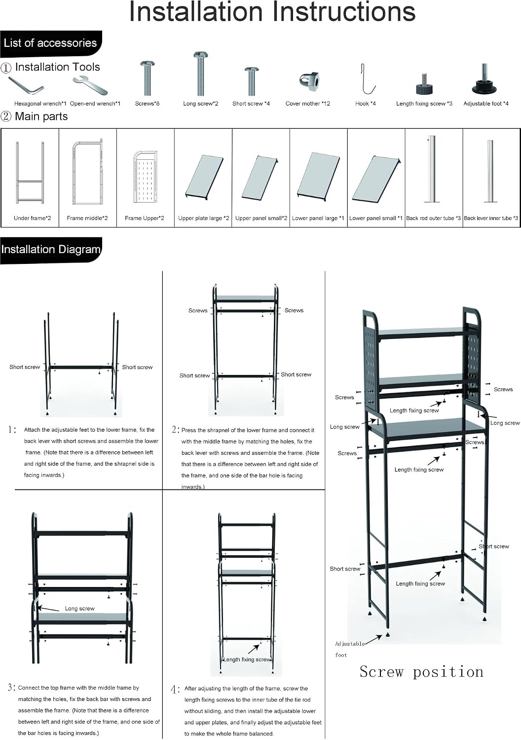 Adjustable Laundry Organizer Shelf over the Washer and Dryer Storage Shelf | 3 Tier Expandable Over Washer Storage, Over Toilet Washing Machine Bathroom Organization Shelves with Pegboard and Hook