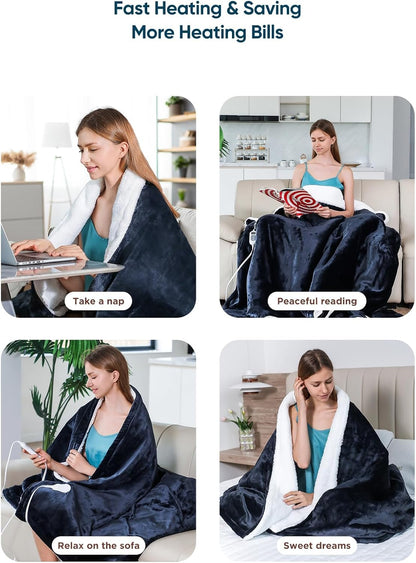 Mlivrom Heated Throw Blanket with 1-9 hrs Timer Auto-Off & 8 Heating Levels，Flannel Electric Blanket Throw ETL Certification，Machine Washable Full Body Warming Blankets
