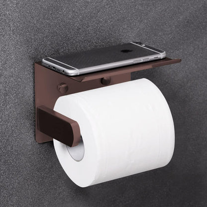 VAEHOLD Self Adhesive Toilet Paper Holder with Phone Shelf Stainless Steel Wall Mounted Toilet Paper Roll Holder - Rustproof and Bathroom Washroom Tissue Roll Holder with Shelf - Black
