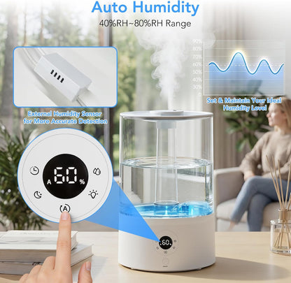Electactic 4L Top Fill Humidifier for Bedroom, Auto Constant Humidity, Smart Control, Quiet Ultrasonic Cool Mist, 360° Nozzle, 3 Mist Levels, 7-Color Light for Home Office Baby Room