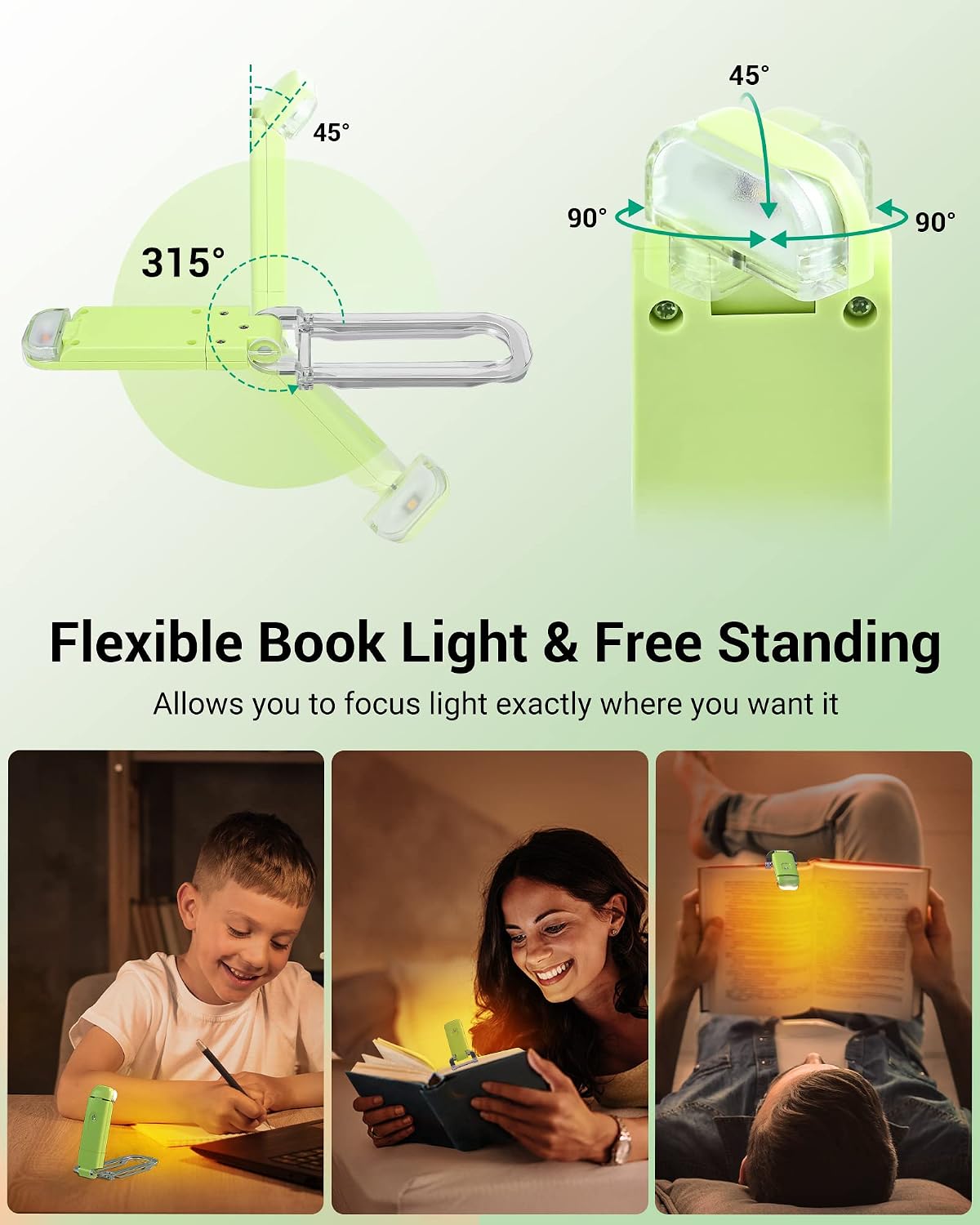 DEWENWILS Book Light, Amber Warm Clip On LED with 3 Adjustable Brightness for Eye Protection, Rechargeable USB Long Lasting Reading Light, Gifts for Bookworms, Kids (Black)