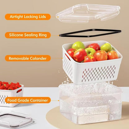 4 In 1 Food Storage Container, Fruit Storage Containers for Fridge, Household Transparent Plastic Food Storage Box-Including Drain Basket, Soak, Wash, Drain, and Store (Gray, S+M+L)