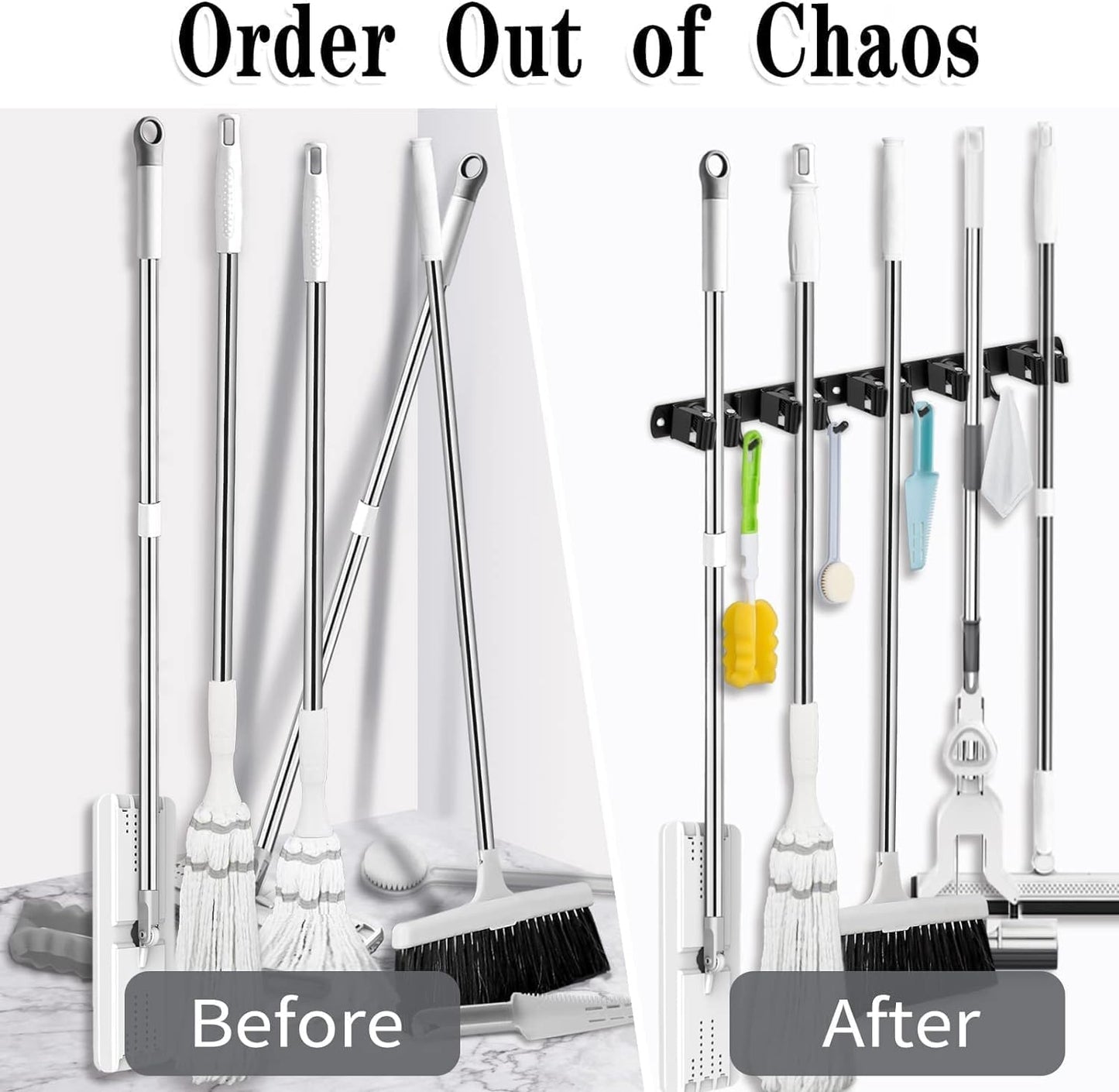 AceMining Broom Holder Wall Mount, 5 Racks 4 Hooks Heavy Duty Mop Organizer | Mop Holder Wall Mount and Broom Hanger for Garage, Laundry Room, Kitchen and Utility Storage