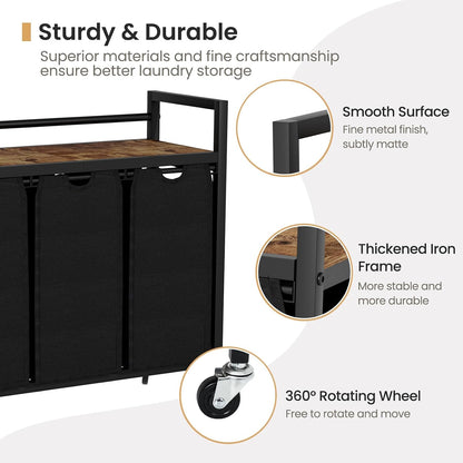 SwaaVee Laundry Sorter, Laundry Hamper 3 Section, 3×11.4Gal, Metal Frame Rolling Laundry Basket with Wooden Top Shelf, Pull out and Removable Laundry Bags, 3 Bags-Black
