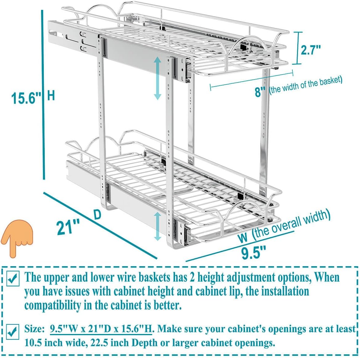 OCG Pull Out Cabinet Organizer (15" W x 21" D), Pull out Drawers, Cabinet Pull Out Shelves for Base Cabinet Organization in Kitchen Bathroom Pantry, Bottom Mount, Chrome Finish