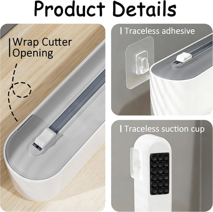 Plastic Wrap Dispenser with Cutter, Gray and White, 15 Inch, Traceless Adhesive Mount, Kitchen Food Storage