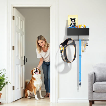 Dog Leash Holder for Wall, Dog Leash Hooks, Wall Mounted Leashes Hangers, Dog Storage Organizer, Key Holder with Storage Shelf, Pet Stuff Organizer for Pet Toys, Collar, Treats, Poop Bag (Black)