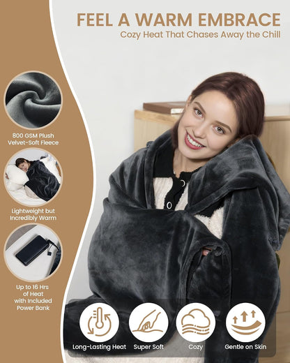 MIMYTH Cordless Heated Blanket with Hood, Rechargeable Wearable Heated Blanket Battery Powered with Lasting Battery, Portable Heated Throw Blanket with 9 Heating Zones & 3 Levels, Camping (Wool Gray)
