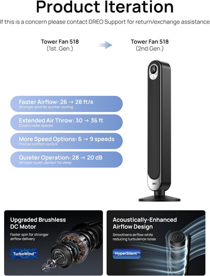 DREO Tower Fan for Bedroom, Upgraded 20dB Quiet Fans that Blow Cold Air | 28ft/s High Velocity, 9 Speeds, 4 Modes, 12H Timer, 90° Oscillating Cooling Standing Fan for Indoor Home Office, 42 inch