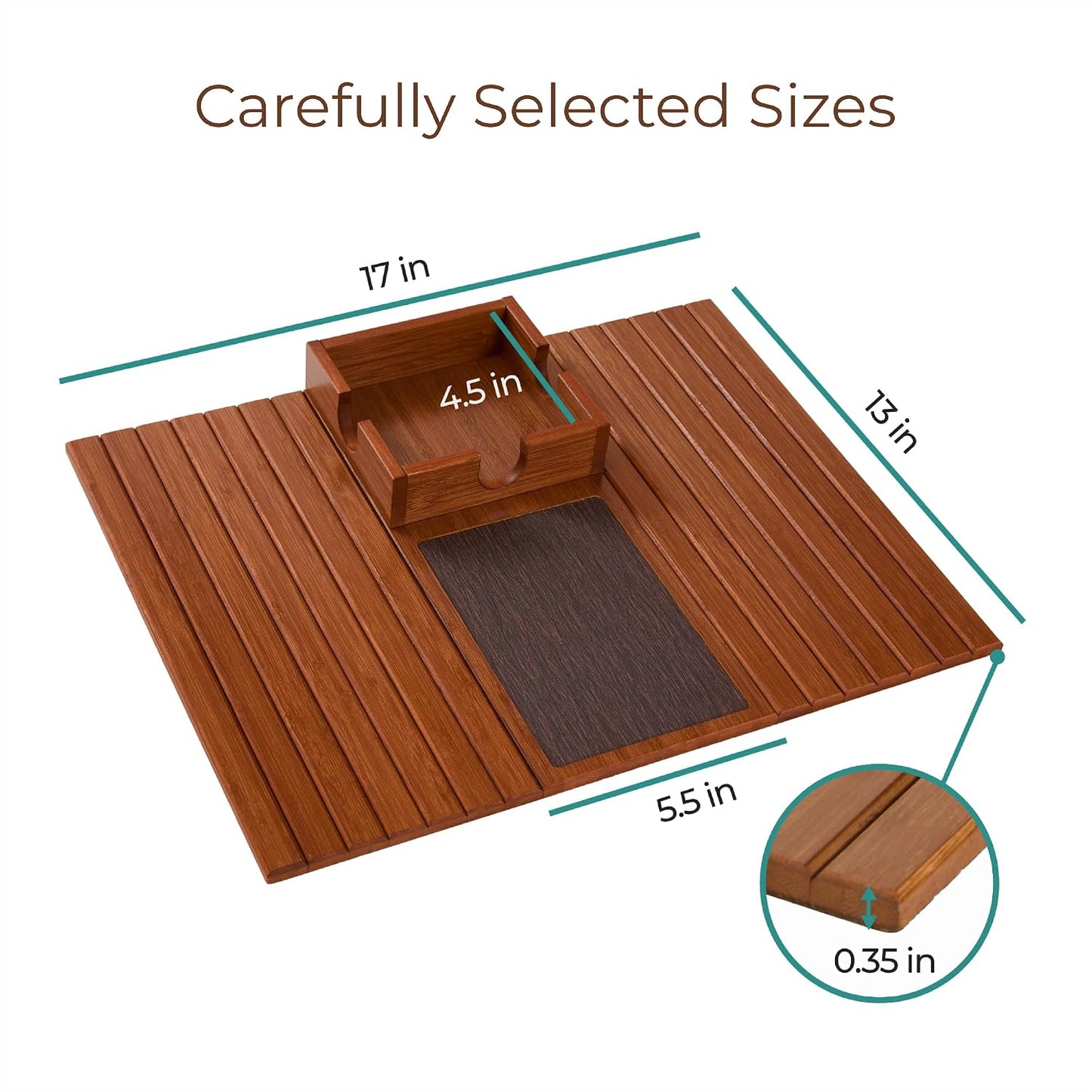 Detor Couch Cup Holder Tray with Super Anti-Slip Pad, Large 4.5" x 4.5" Organizer, Brown-Stained Bamboo Finish, Enhanced Non-Slip Felt Base, Durable Bamboo Slats, Fits Armrests 5.5" and Wider