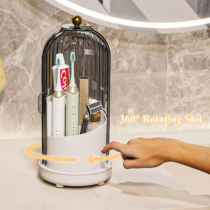 Drainable Toothbrush Toothpaste Holders with Cover, Transparent | Drainage Holes, Waterproof and Dustproof, 360° Rotating Base, Sliding Door, for Bathroom Counter