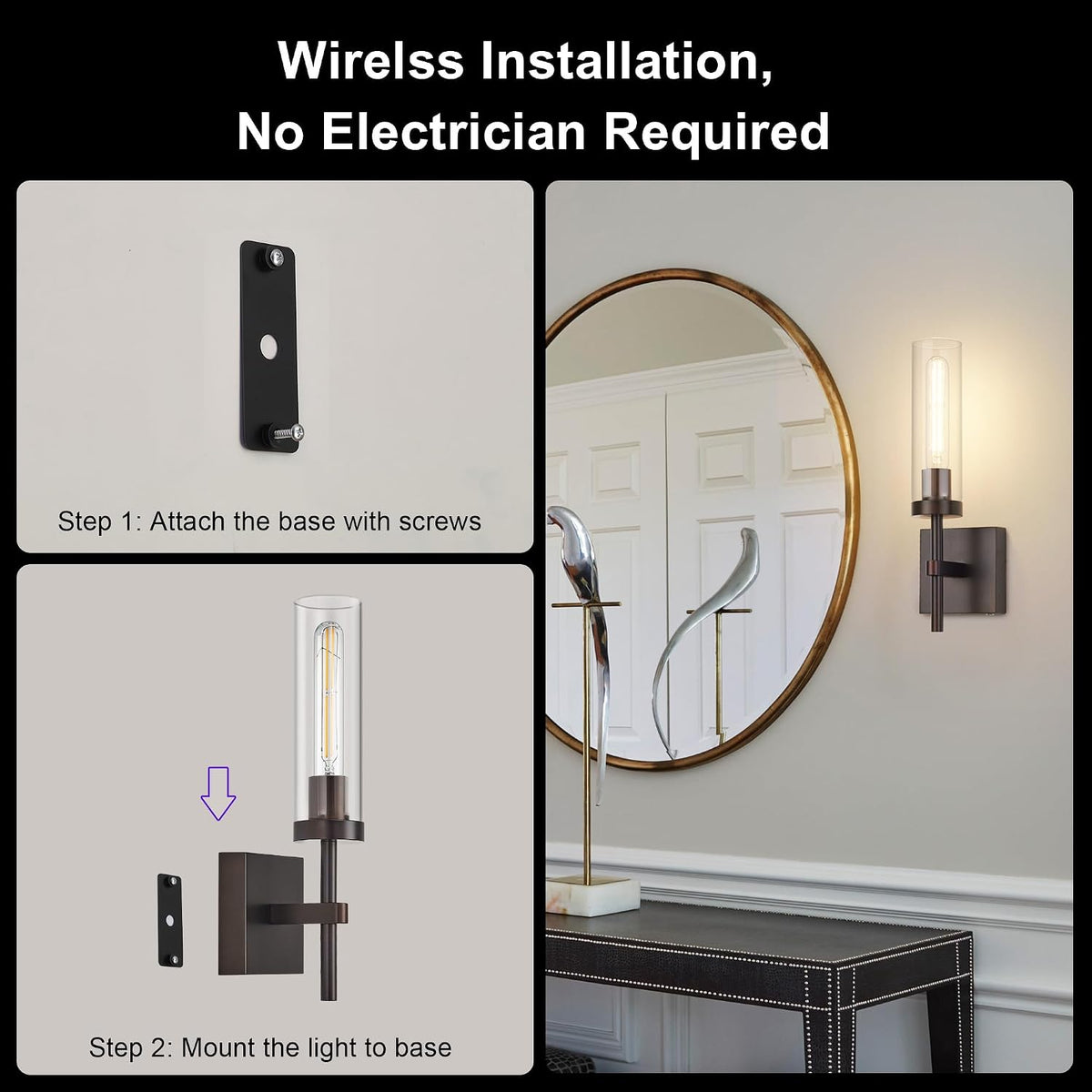 Wireless Wall Sconces with Remote Control, Battery Operated Wall Sconce Set of 2, Black & Gold Rechargeable Dimmable Wall Light for Bedroom Living room Bathroom Hallway Entryway Stairwell, 3000K