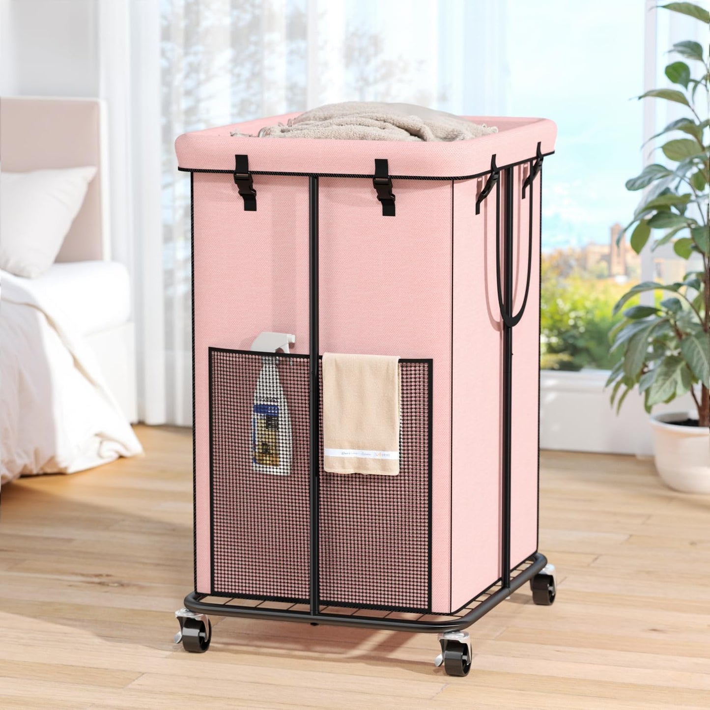 Laundry Hamper with Wheels, 150L Rolling Laundry Basket with Bag & Handles | Sturdy Metal Frame | Removable Bag | Large & Tall Dirty Clothes Hampers for Laundry Room, Bedroom, Dorm, Bathroom-Black